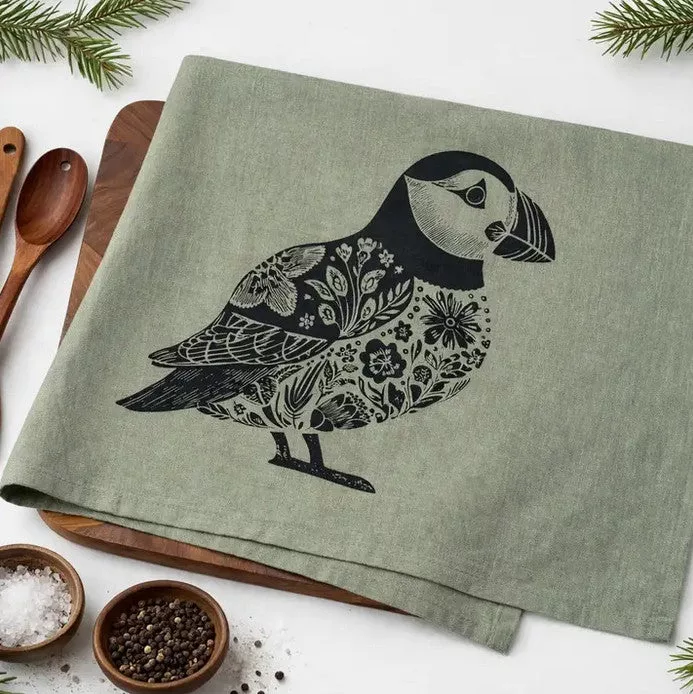 Puffin Forest Green Tea Towel