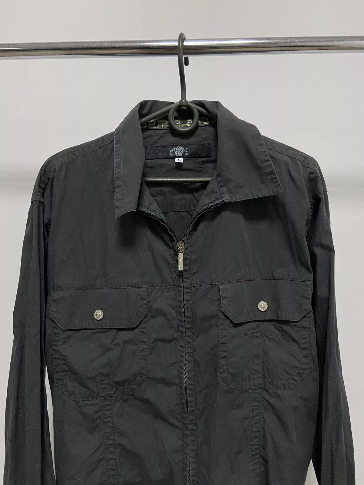 Versace Shirts Button Ups Versace × Vintage Versace Jacket Vintage small Logo Button Ups Zip Luxury Gray