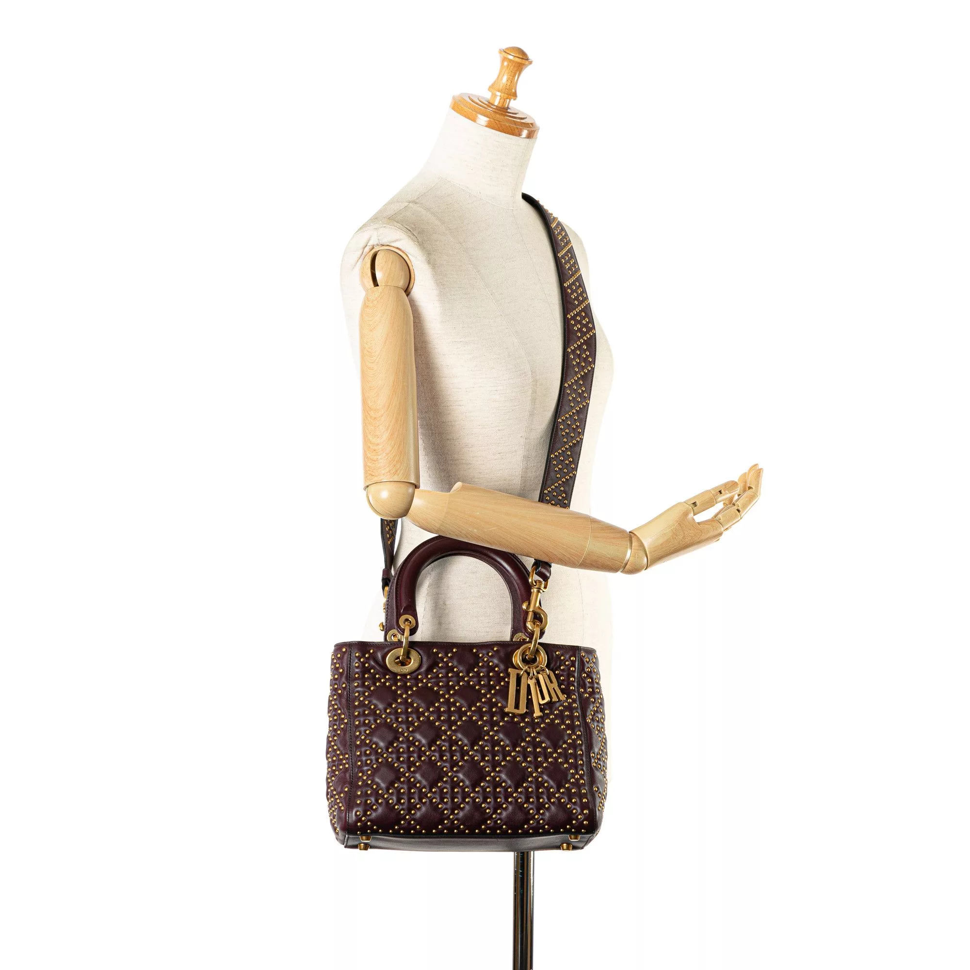 Dior Messengers Satchels Dior Medium Lambskin Cannage Studded Supple Lady Dior Red