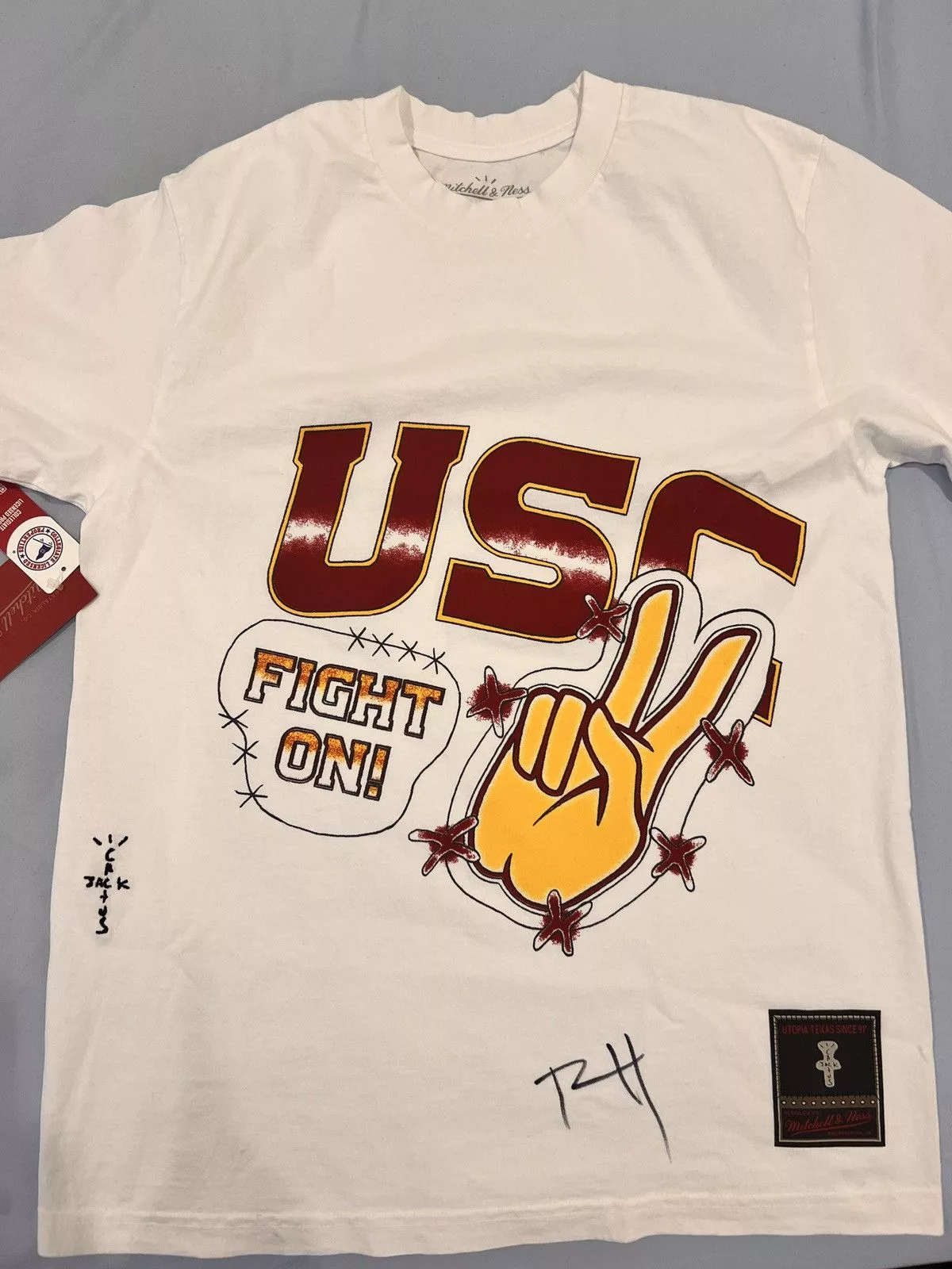 Travis Scott Short Sleeve T Shirts Travis Scott Cactus Jack x USC Merch T- shirt (signed by travis) White