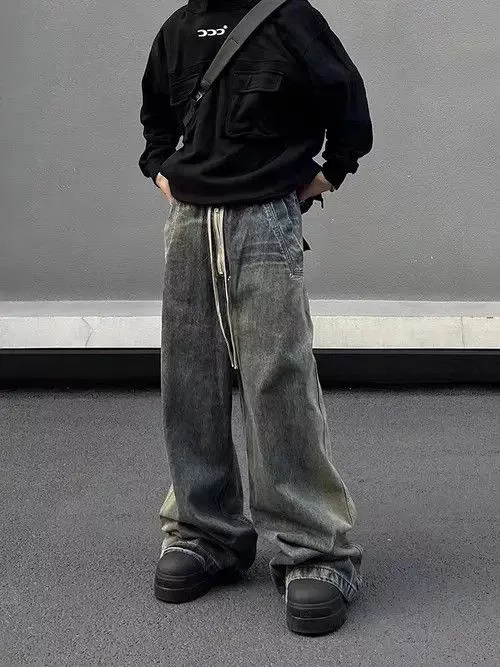 Japanese Brand Denim Japanese Brand × Jean Retro wash gradient drawstring work wide leg jeans Blue Streetwear