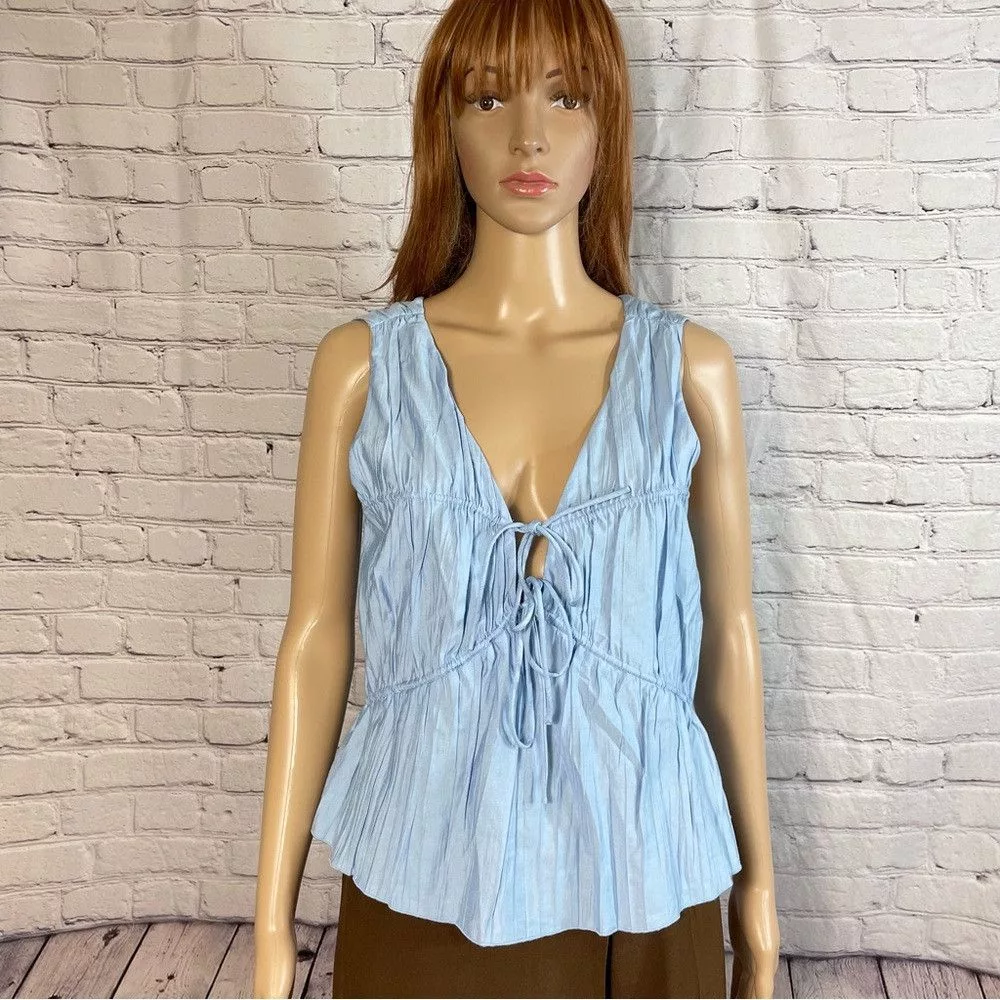 Frame Blouses New Frame Tie Front Cinched Crinkle Light Blue Blouse Tank