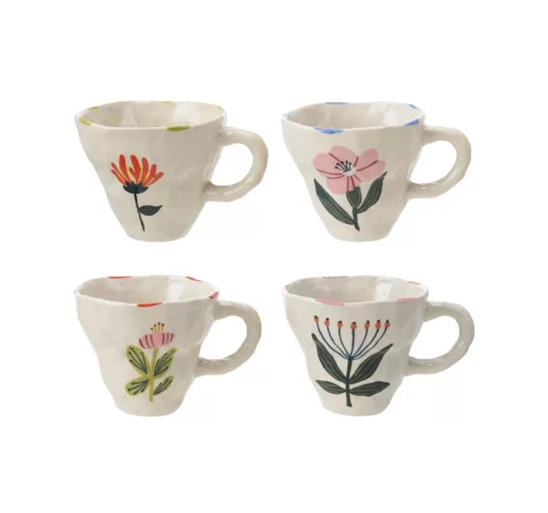 10 oz. Hand-Painted Stoneware Mug with Flower