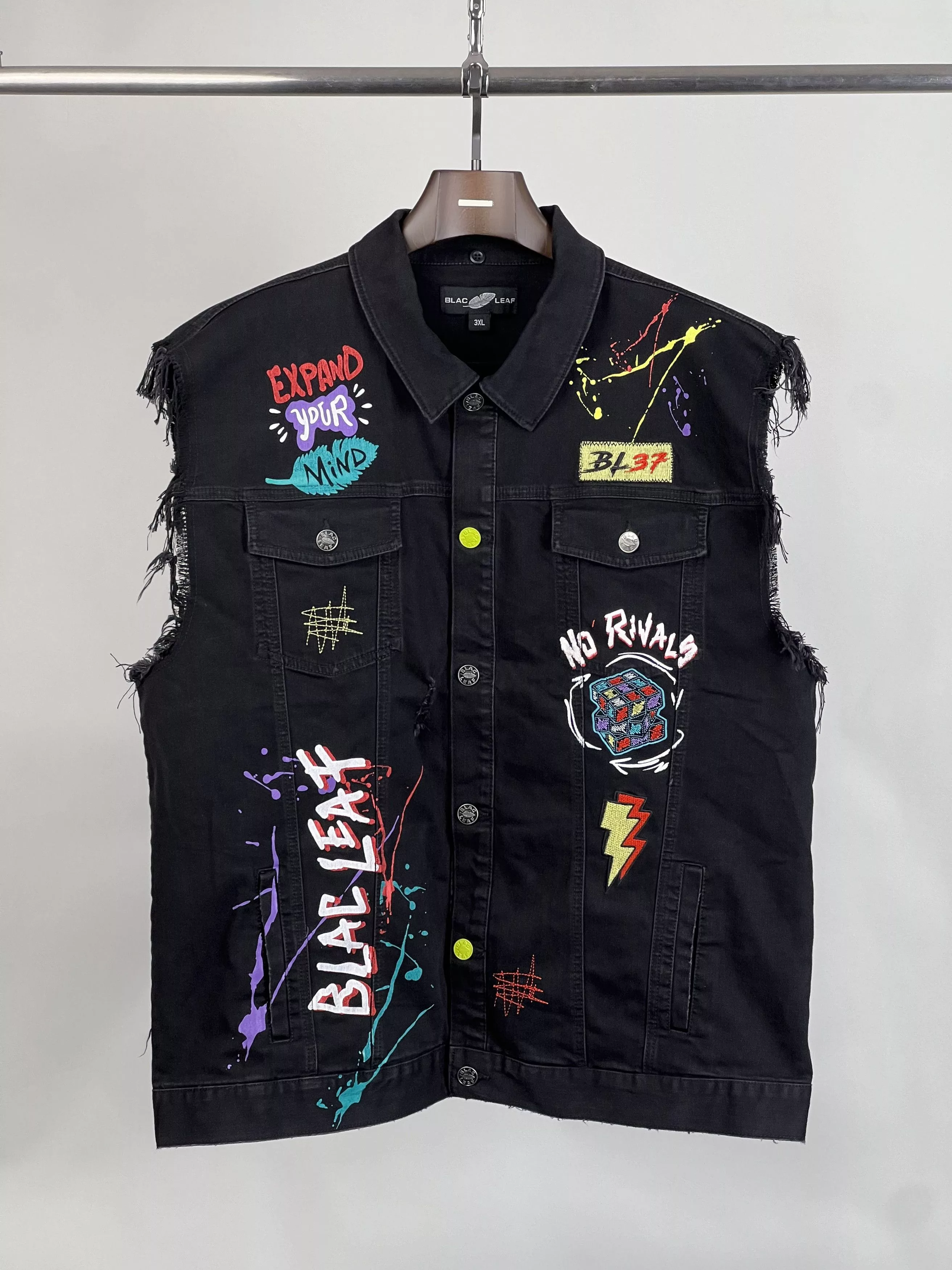 Other Tank Tops Sleeveless Other Blac Leaf EXPAND YOUR MIND Denim Sleeveless Vest Black