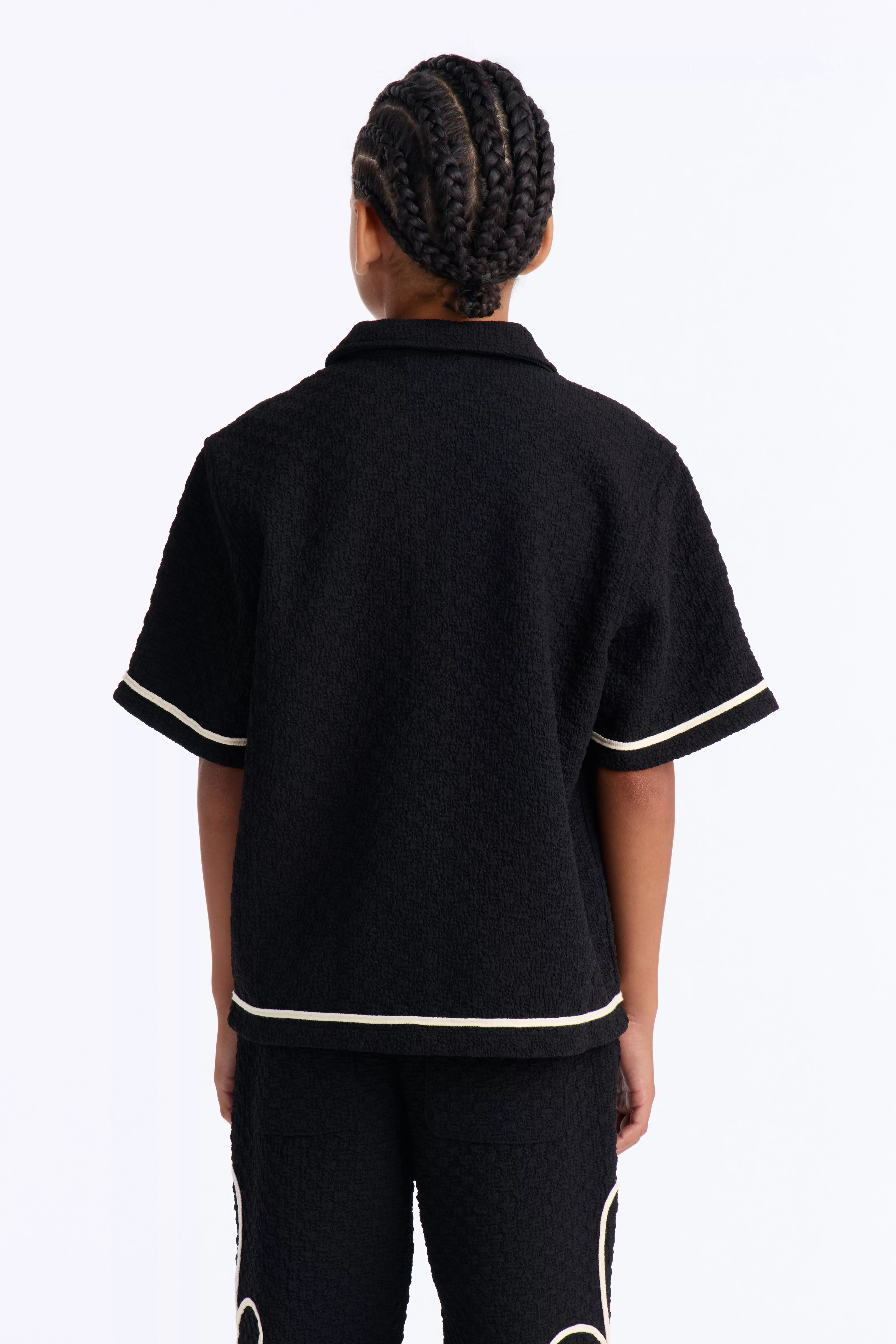 Mini Boxy Soho Weave Applique Textured Button Up Shirt - Black