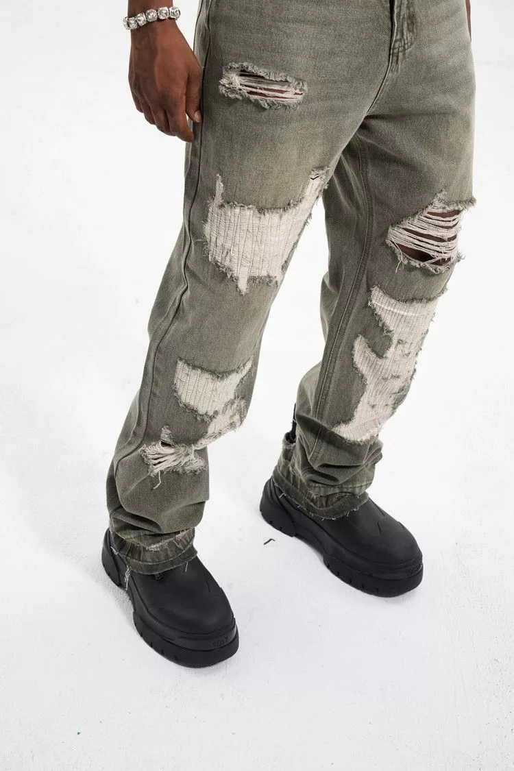 Japanese Brand Denim Japanese Brand × Vintage Patch Damage Straight Jeans Gray Streetwear