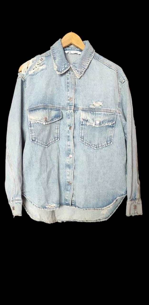 Zara Denim Jackets Zara Denim Distressed Ripped Light Blue Jean Jacket Size S