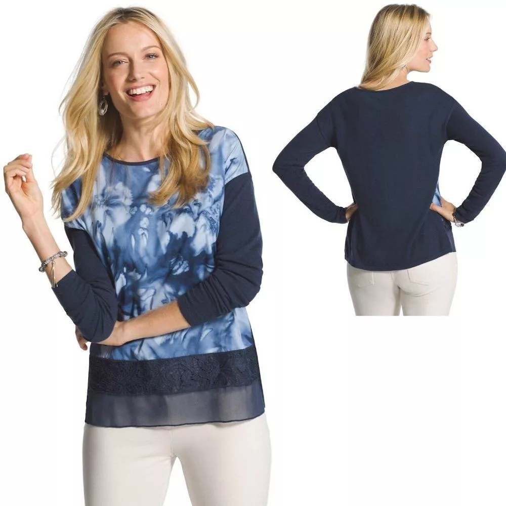 Chicos Sweaters Chicos Chico's Blue Floral Sweater Size 2 US L