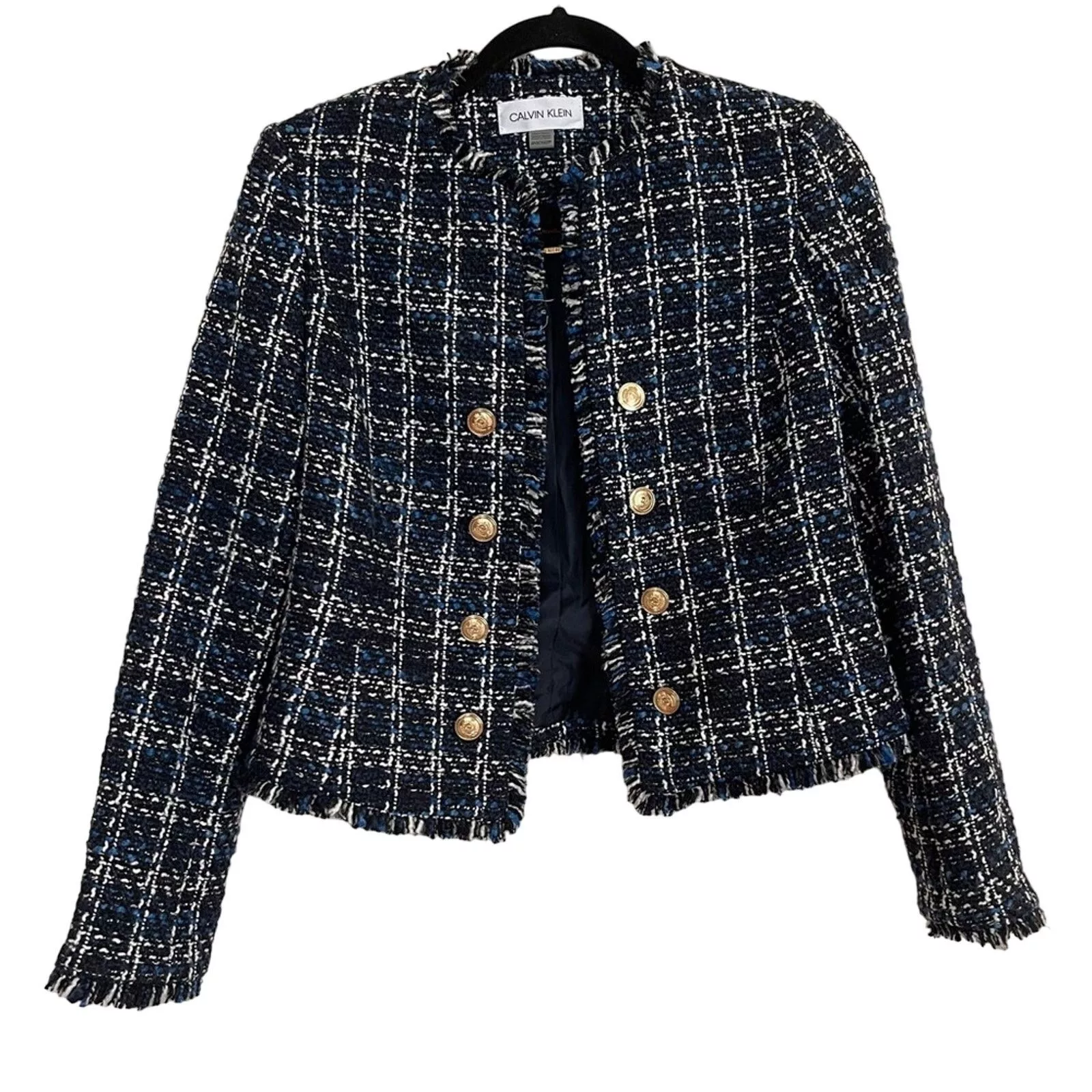 Calvin Klein Jackets Calvin Klein Fringe Tweed Open Front Blazer Black