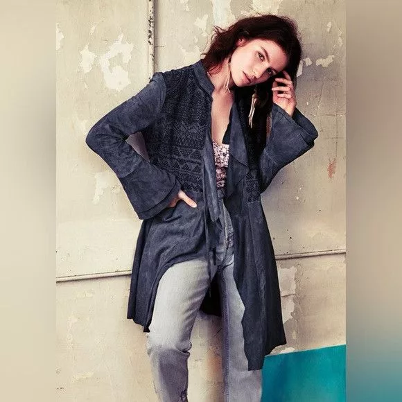 Free People Jackets New Free People Embroidered Meadow Suede Jacket Blue/grey Gray
