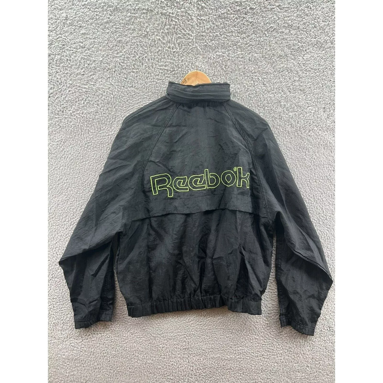 Reebok Light Jackets Reebok Windbreaker Jacket Neon Green Logo Packable Hood Black