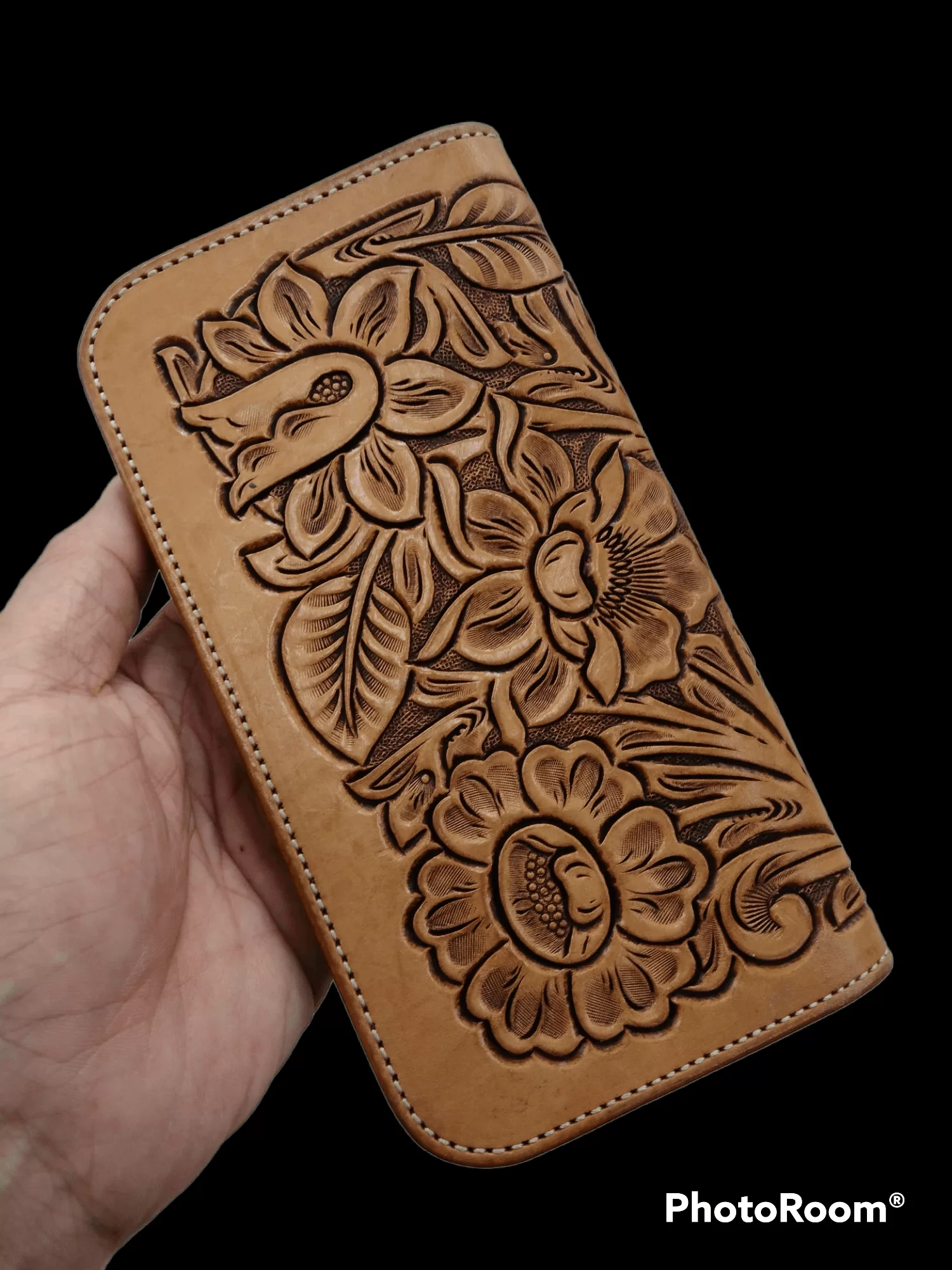 Leather Bags Luggage HAND CARVE LEATHER UNBRANDED FLORAL LONG WALLET Brown Streetwear