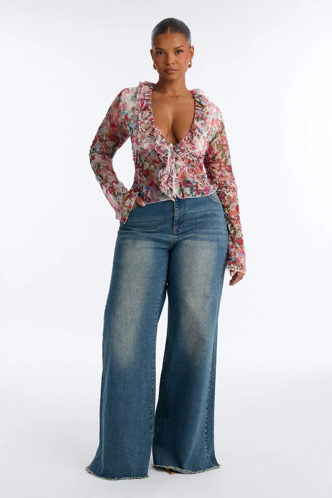 Alexa Ruffle Floral Mesh Long Sleeve Top - Multi Color