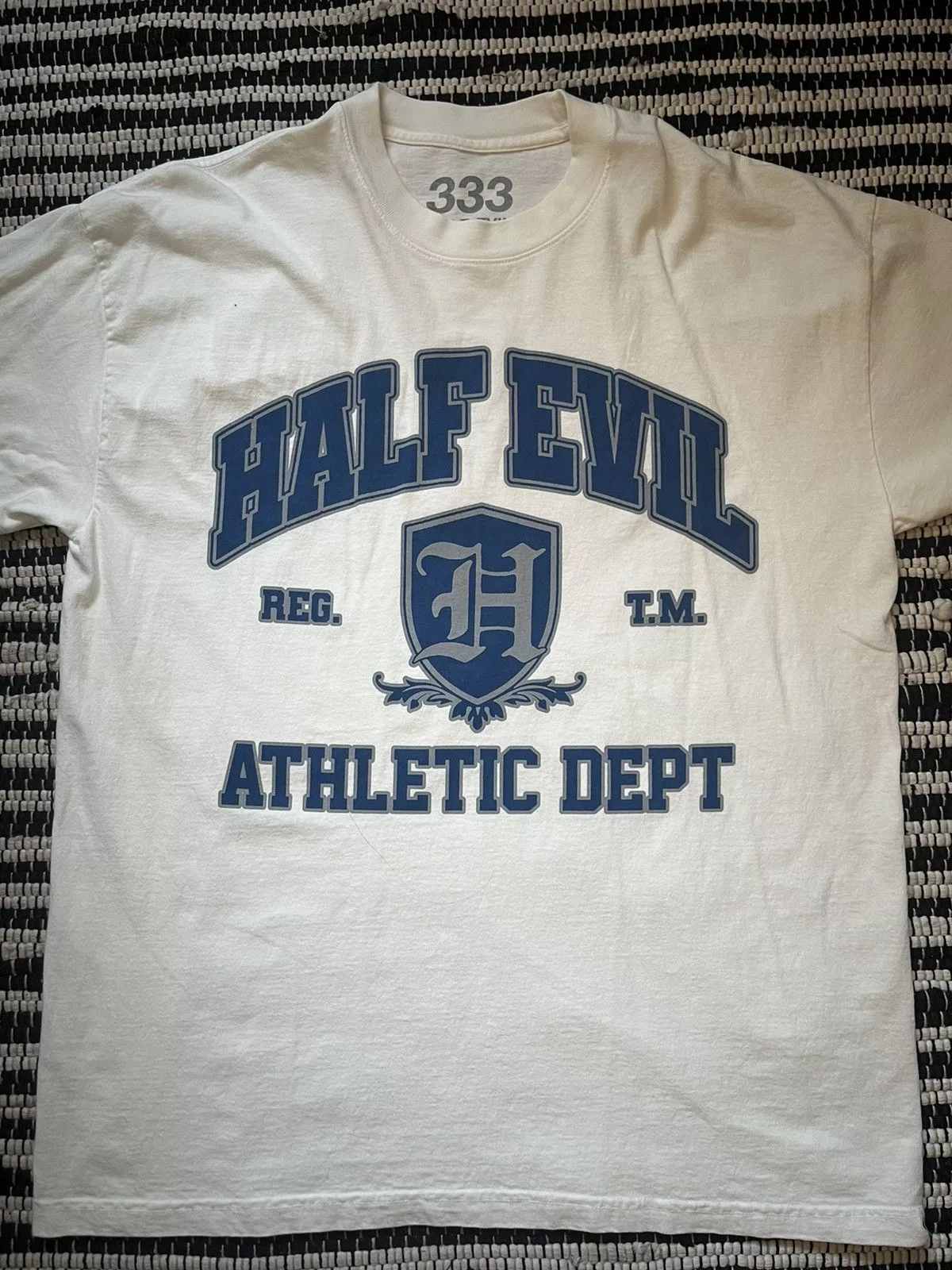Half Evil Short Sleeve T Shirts Half evil varsity athletic t-shirt White