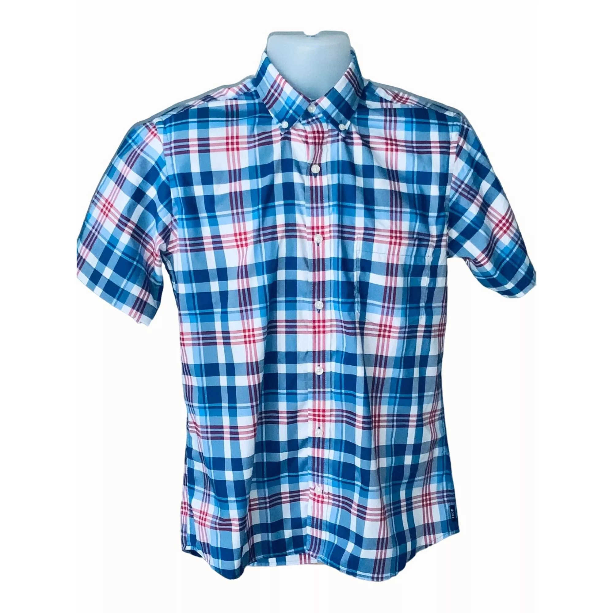 Izod Shirts Button Ups Izod Mens Blue White Red Plaid Short Sleeve Button Down Poly