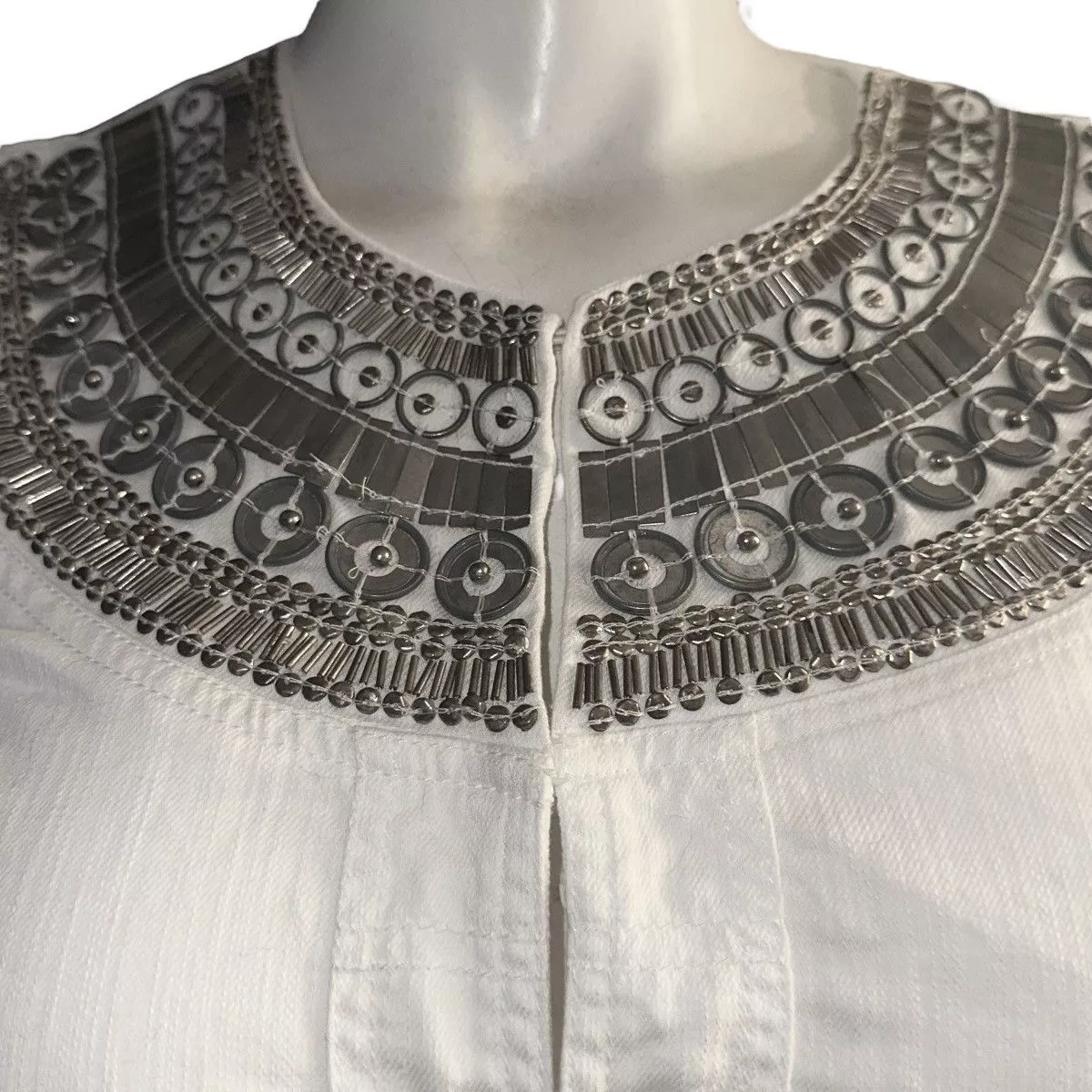 Chicos Denim Jackets Chicos Chico’s white embellished silver medallion denim jacket