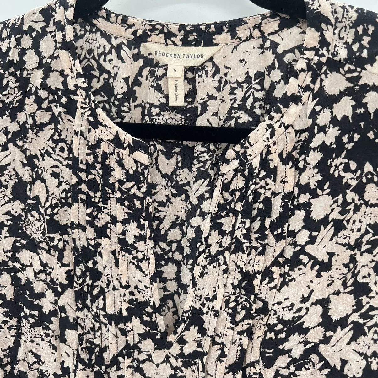 Rebecca Taylor Blouses Rebecca Taylor 100% Silk Peplum Floral Popover Blouse Shirt Black