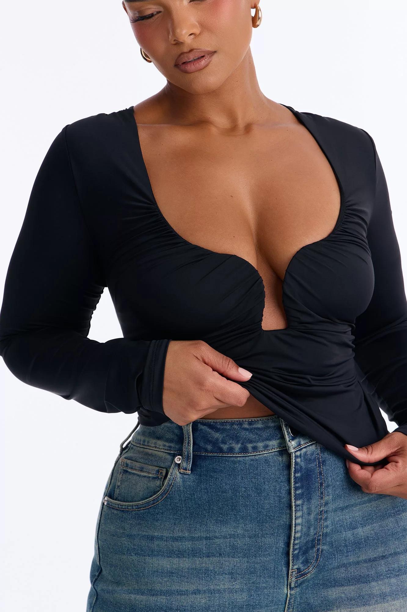 Katherine Ruched V-Neck Long Sleeve Top - Black