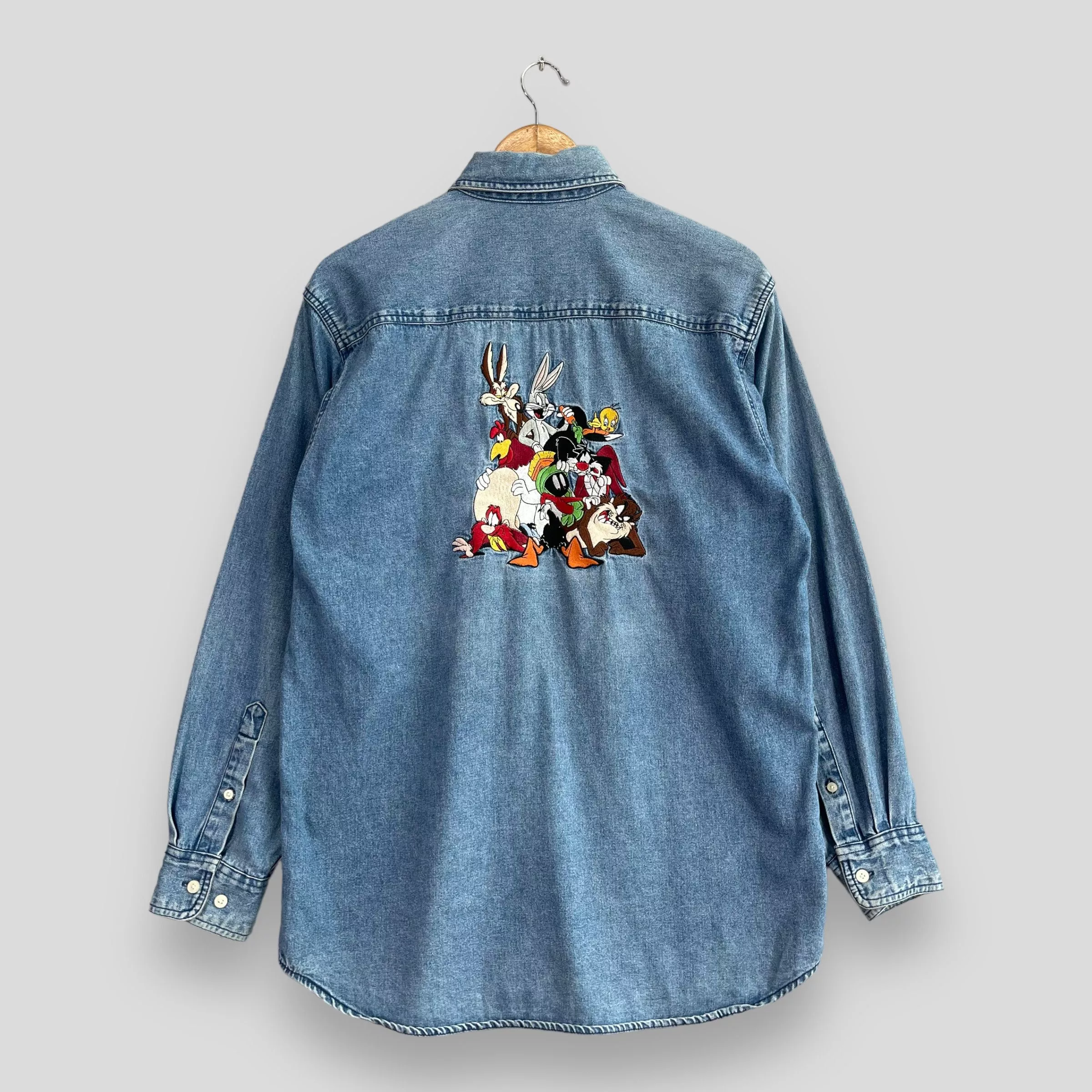 Cartoon Network Shirts Button Ups Cartoon Network × Vintage × Warner Bros Vintage LOONEY TUNES Squad Embroidery Denim Shirt Blue