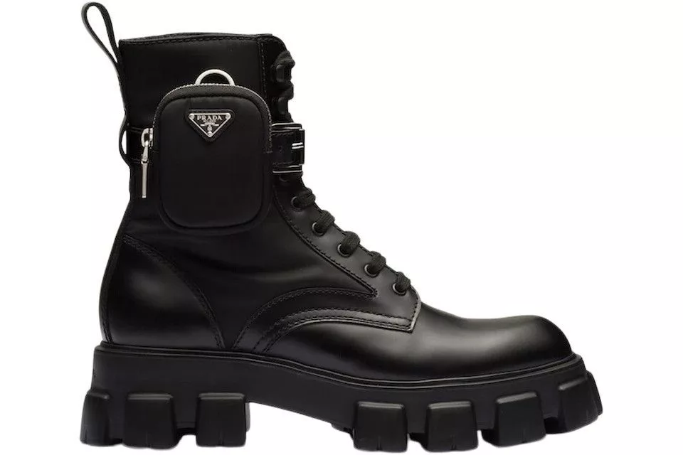 Prada Boots Prada Leather and Nylon Platform Combat Boots with Pouches Black