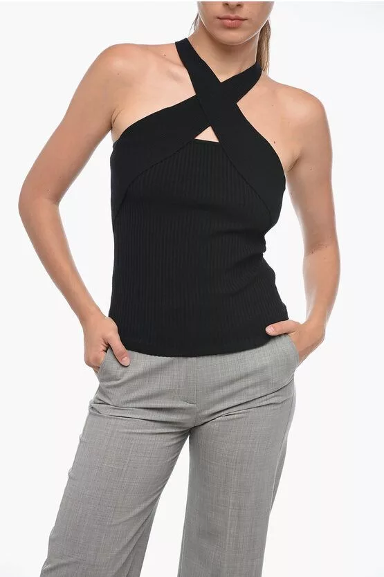 MSGM Tank Tops MSGM og1mm0724 Ribbed Design Knitted Tank Top in Black
