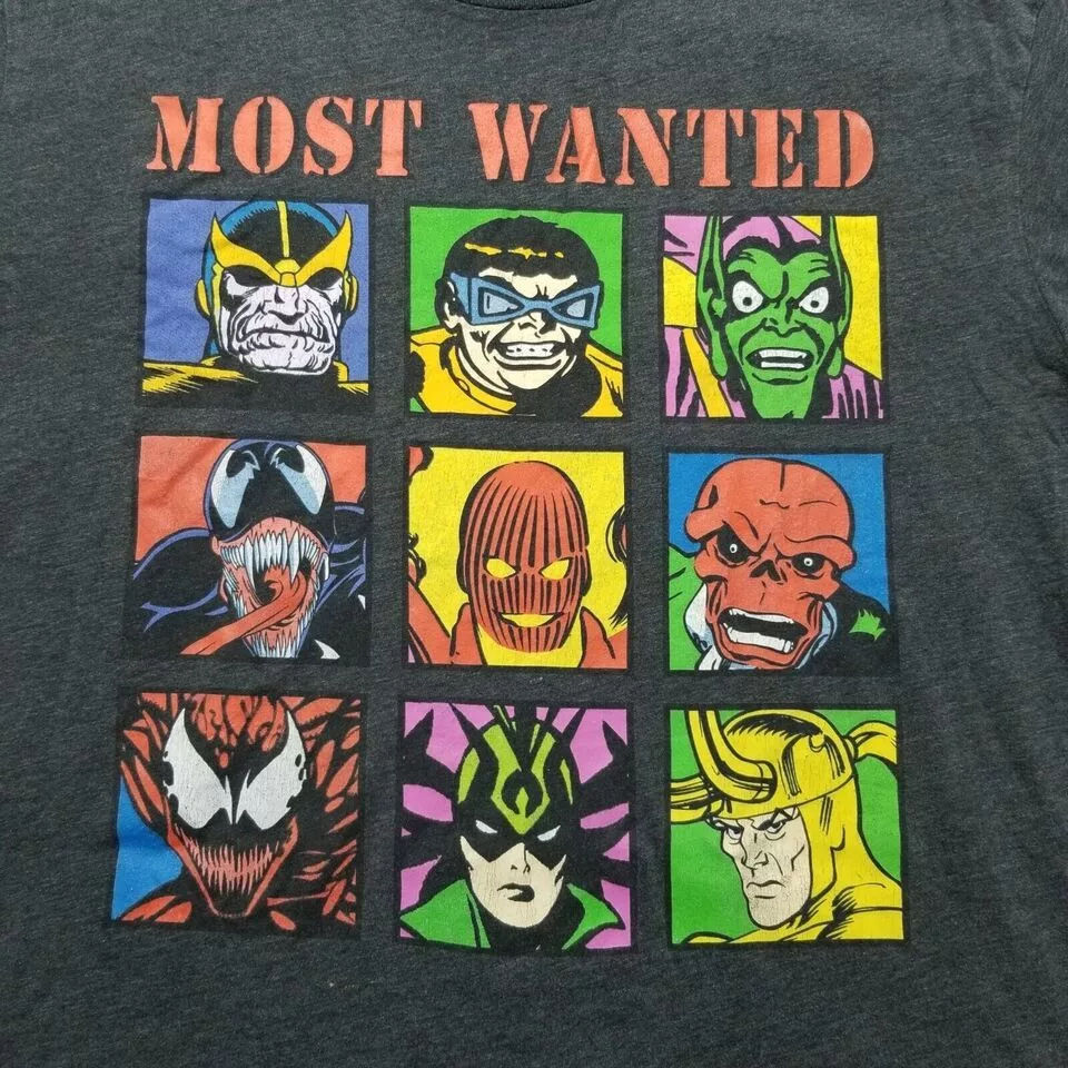 Marvel Comics Short Sleeve T Shirts Marvel Comics Marvel Shirt Mens 2XL Most Wanted Marvel Characters Gray