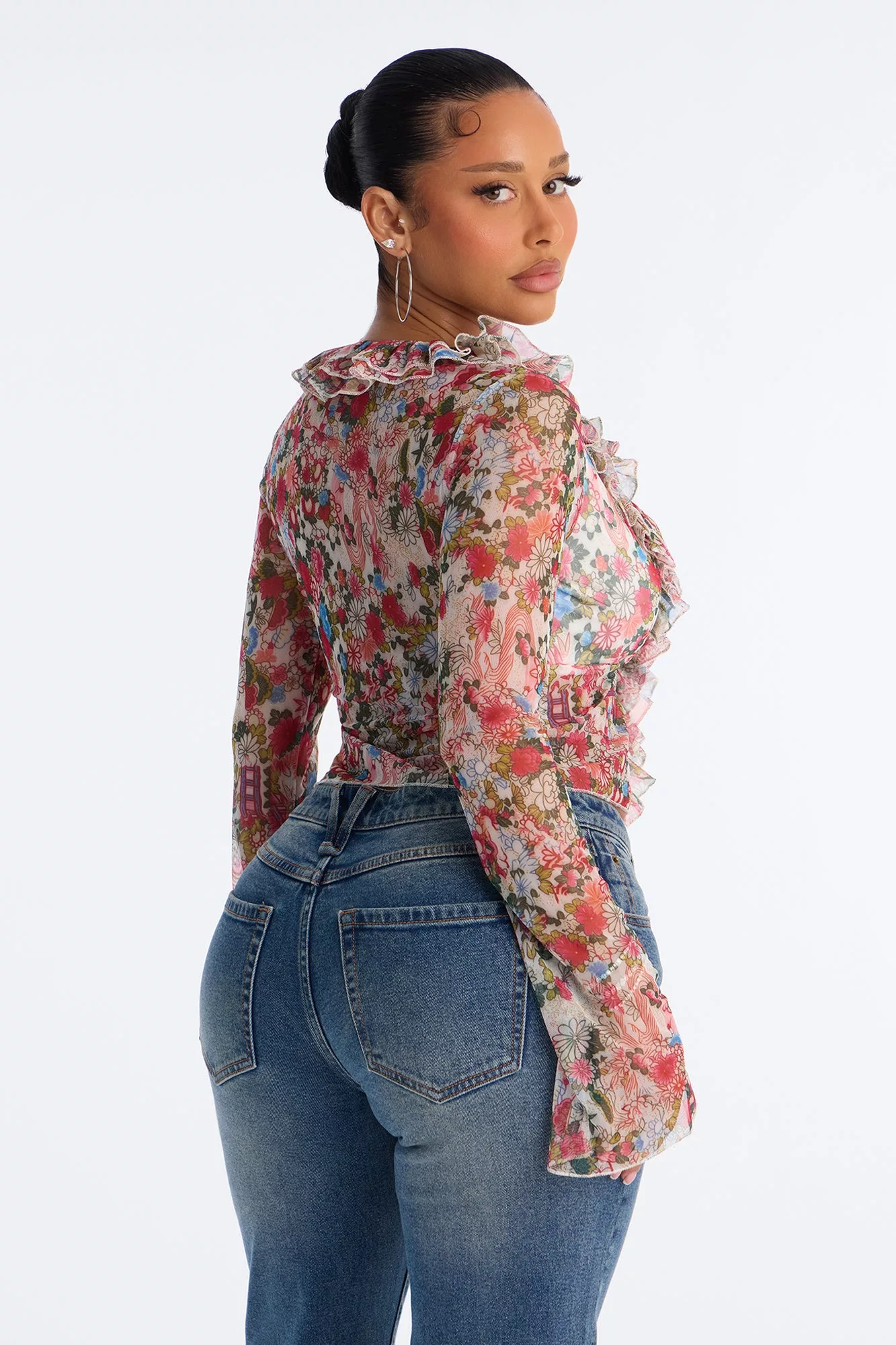 Alexa Ruffle Floral Mesh Long Sleeve Top - Multi Color