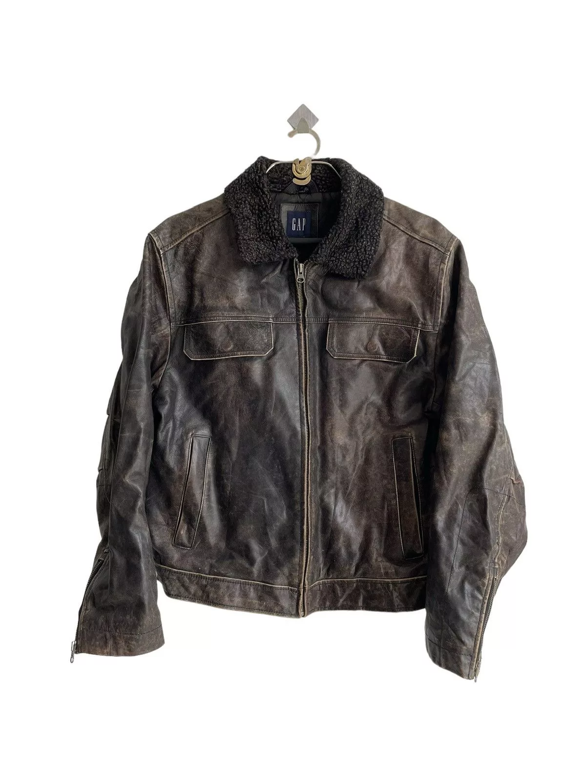 Gap Leather Jackets 1990s GAP 🇺🇸 Fur Neck Leather Biker Jacket Black