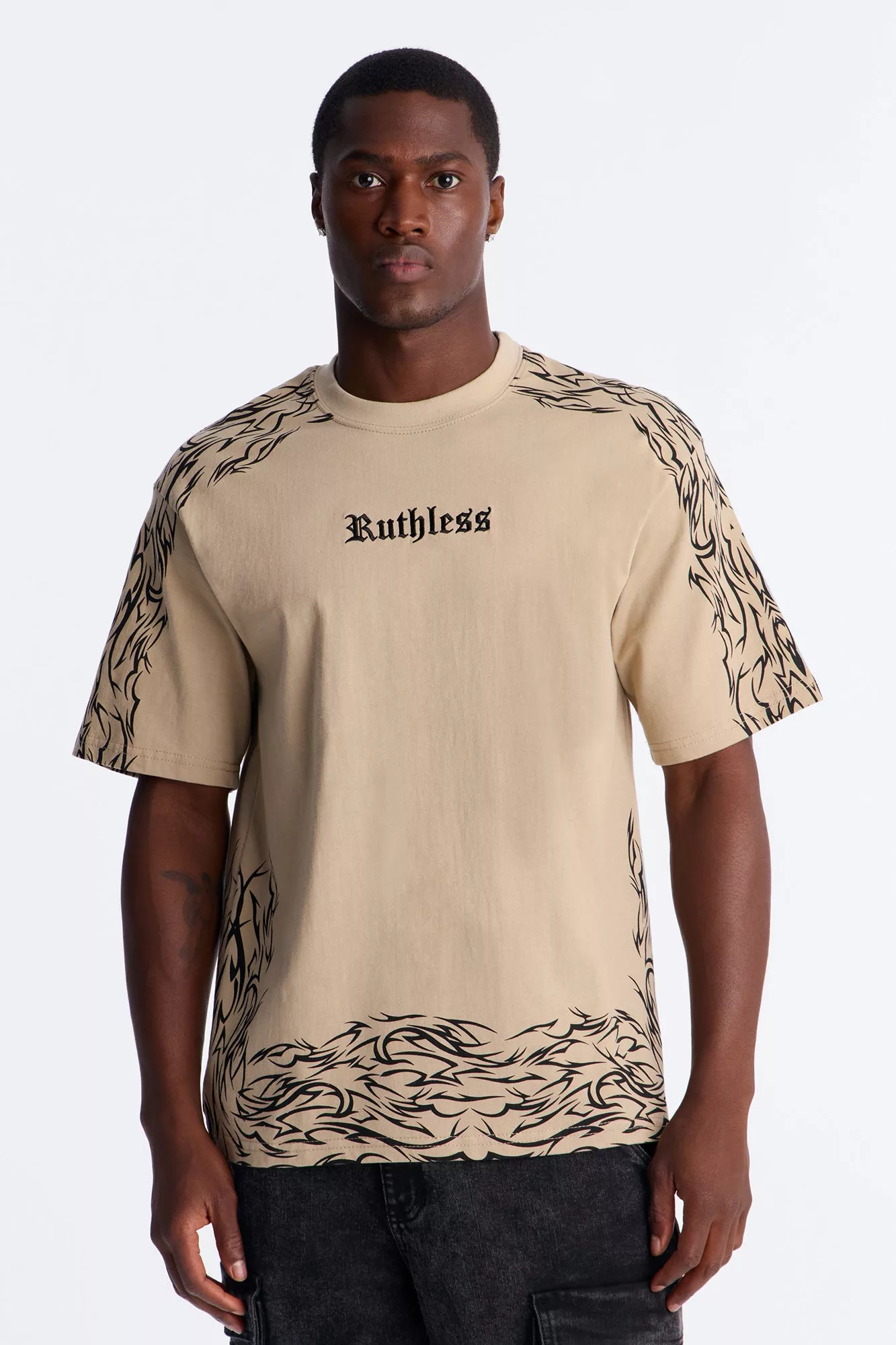 Ruthless Embroidered Heavy Weight Oversized Short Sleeve Tee - Taupe