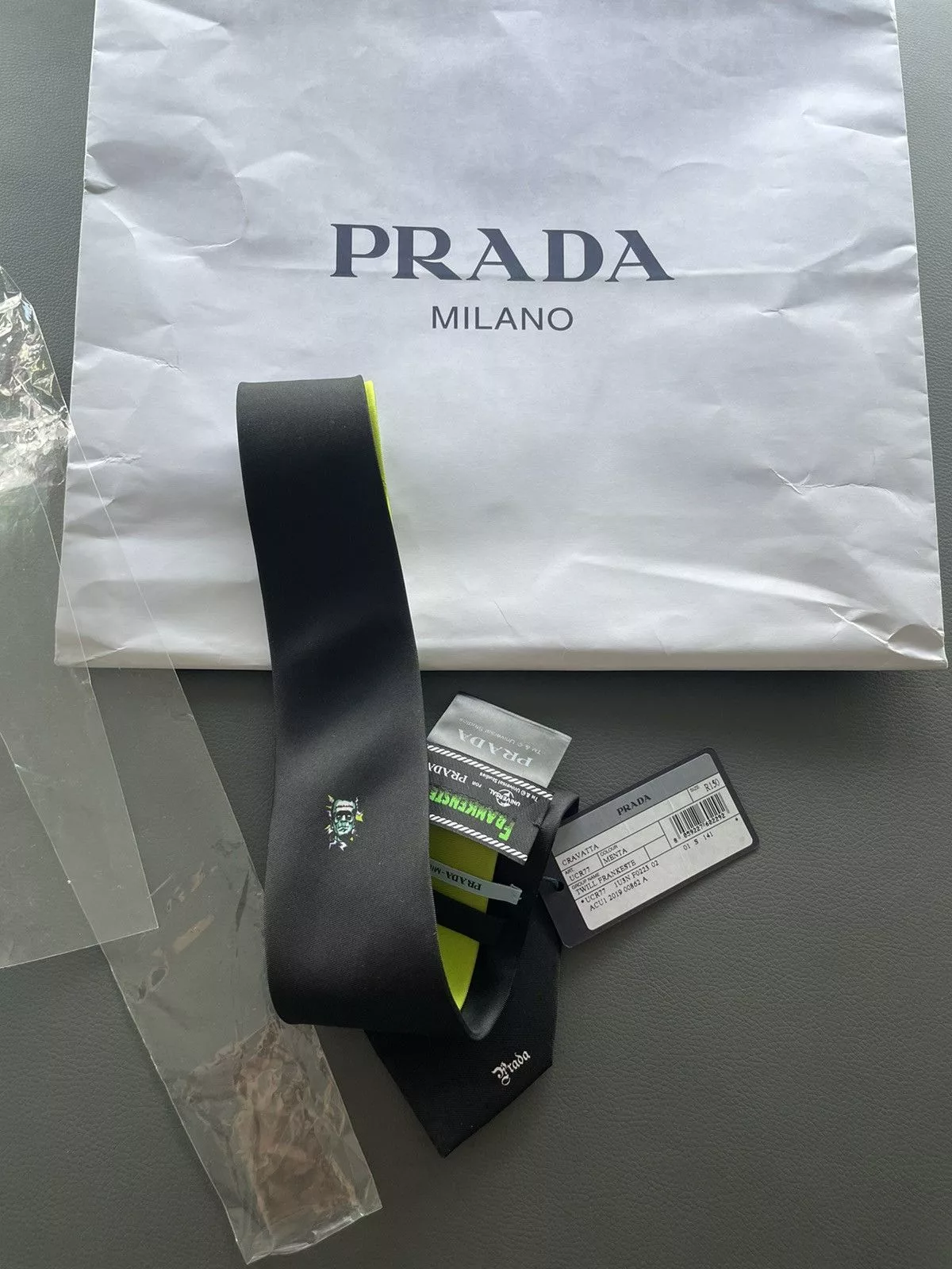Prada Ties Pocketsquares Prada × Universal Studios Limited Edition Prada x Universal Frankenstein Pure Silk Tie Black