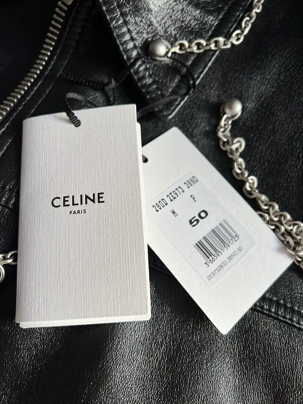 Celine Leather Jackets Celine × Hedi Slimane CELINE Oversized chains Leather Blouson Jacket Black