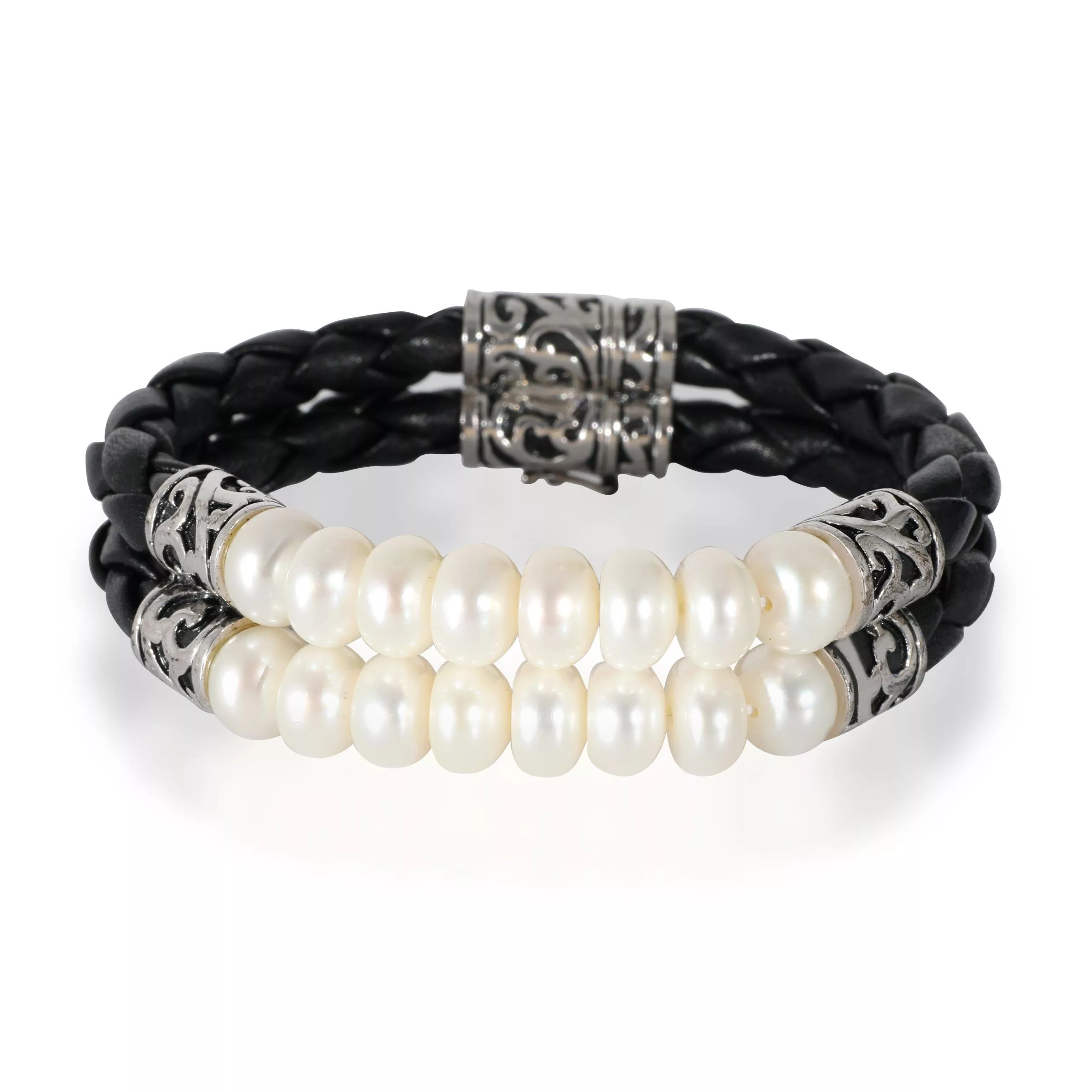 Other Rings Other Sterling Silver Two-Row Cultured Pearl & Leather Bracelet
