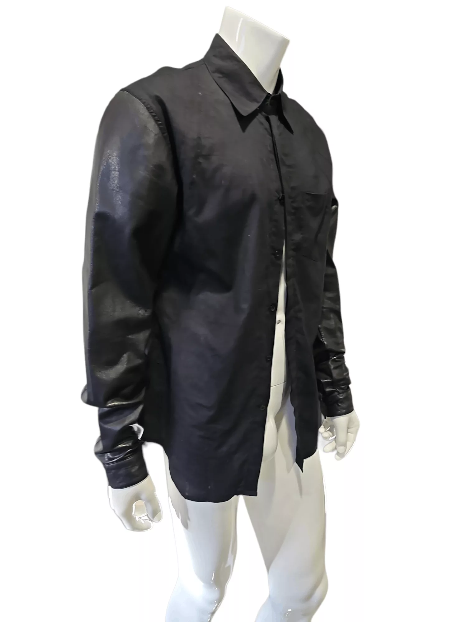 SKINGRAFT Shirts Button Ups Skingraft Collared Shirt with Lambskin Leather Sleeves Black