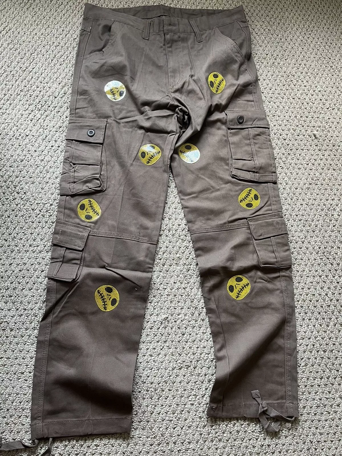 Japanese Brand Casual Pants Japanese Brand ghost Swarovski crystal face cargo pants Brown Streetwear