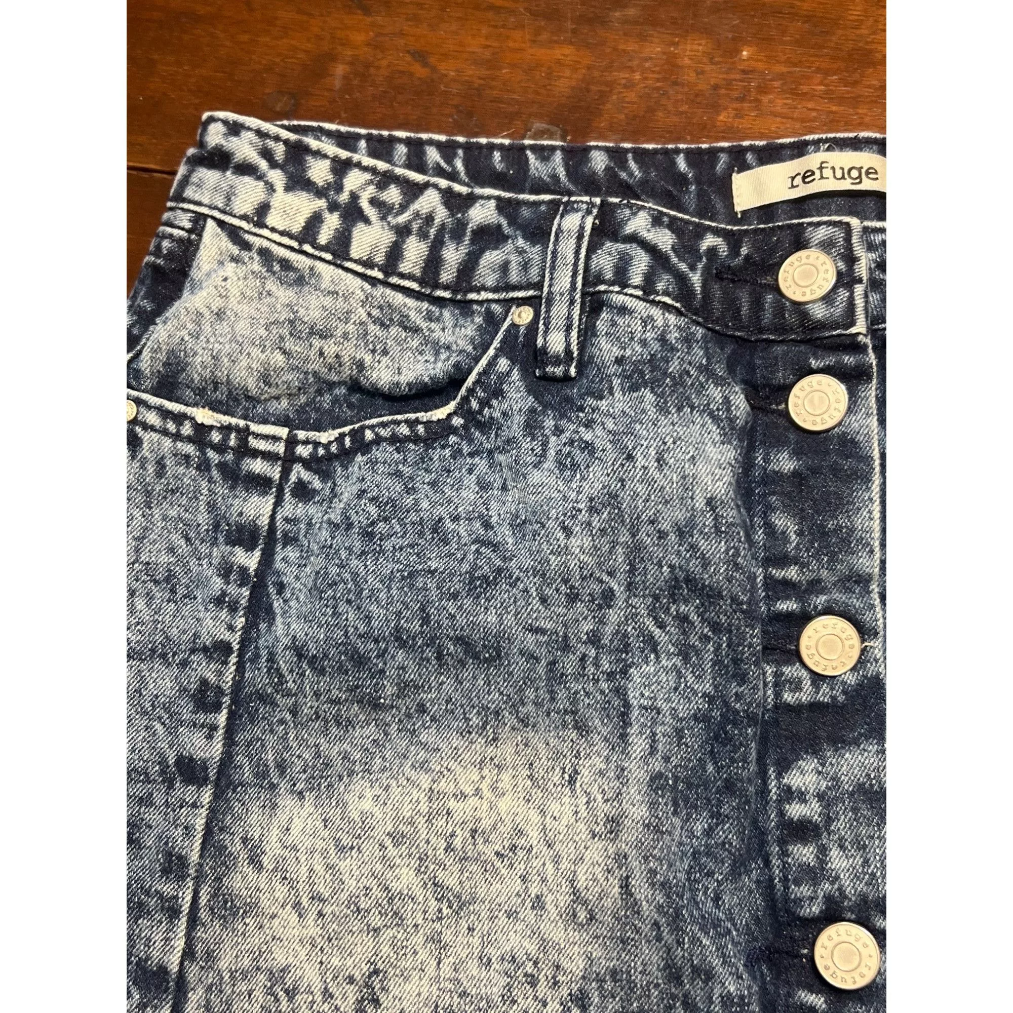 Other Mini Skirts Other Refuge Acid Wash Denim Button-Front Mini Skirt Silver Tone H Blue