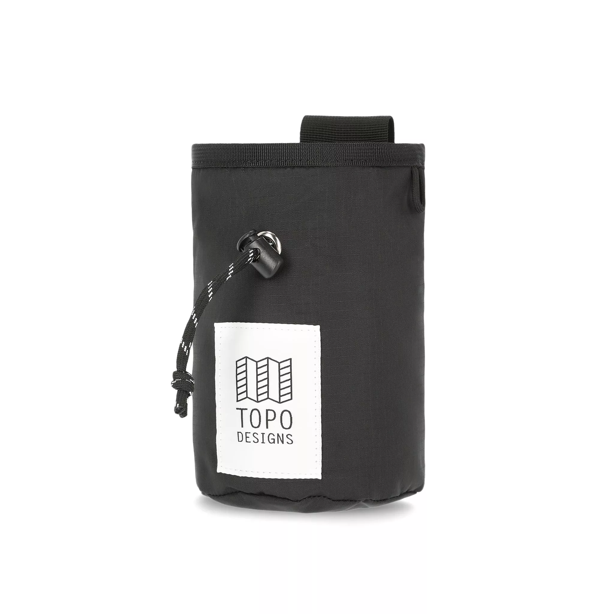 Topo Designs Mountain Chalk Bag for rock climbing and bouldering in lightweight recycled black nylon.