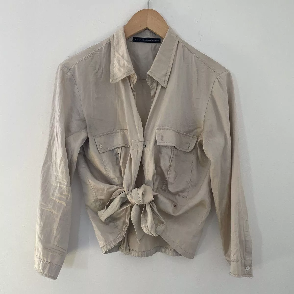 Marithe + Francois Girbaud Blouses Marithe + Francois Girbaud Marithe Girbaud tie front crop top blouse taupe silk cotton Beige