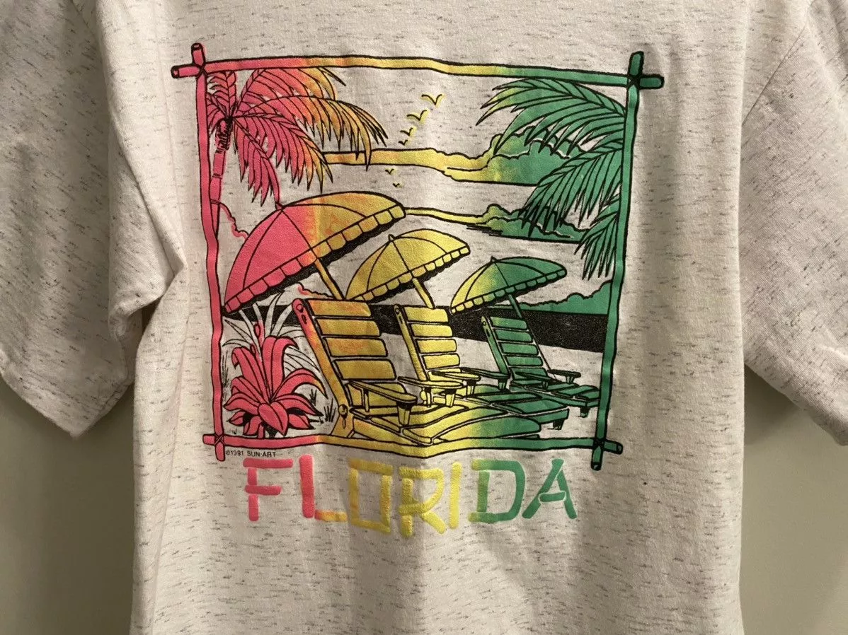 Vintage Short Sleeve T Shirts FLORIDA NEON SOUVENIR VINTAGE 1991 SHIRT Gray