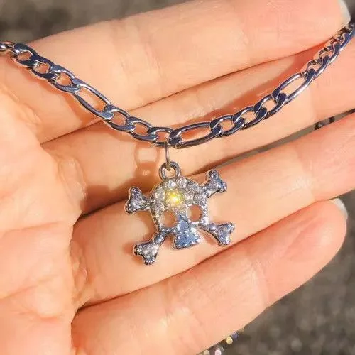 Handmade Jewelry Watches Handmade Rhinestones Crystal cross Skull Figaro Chain Choker Silver Streetwear