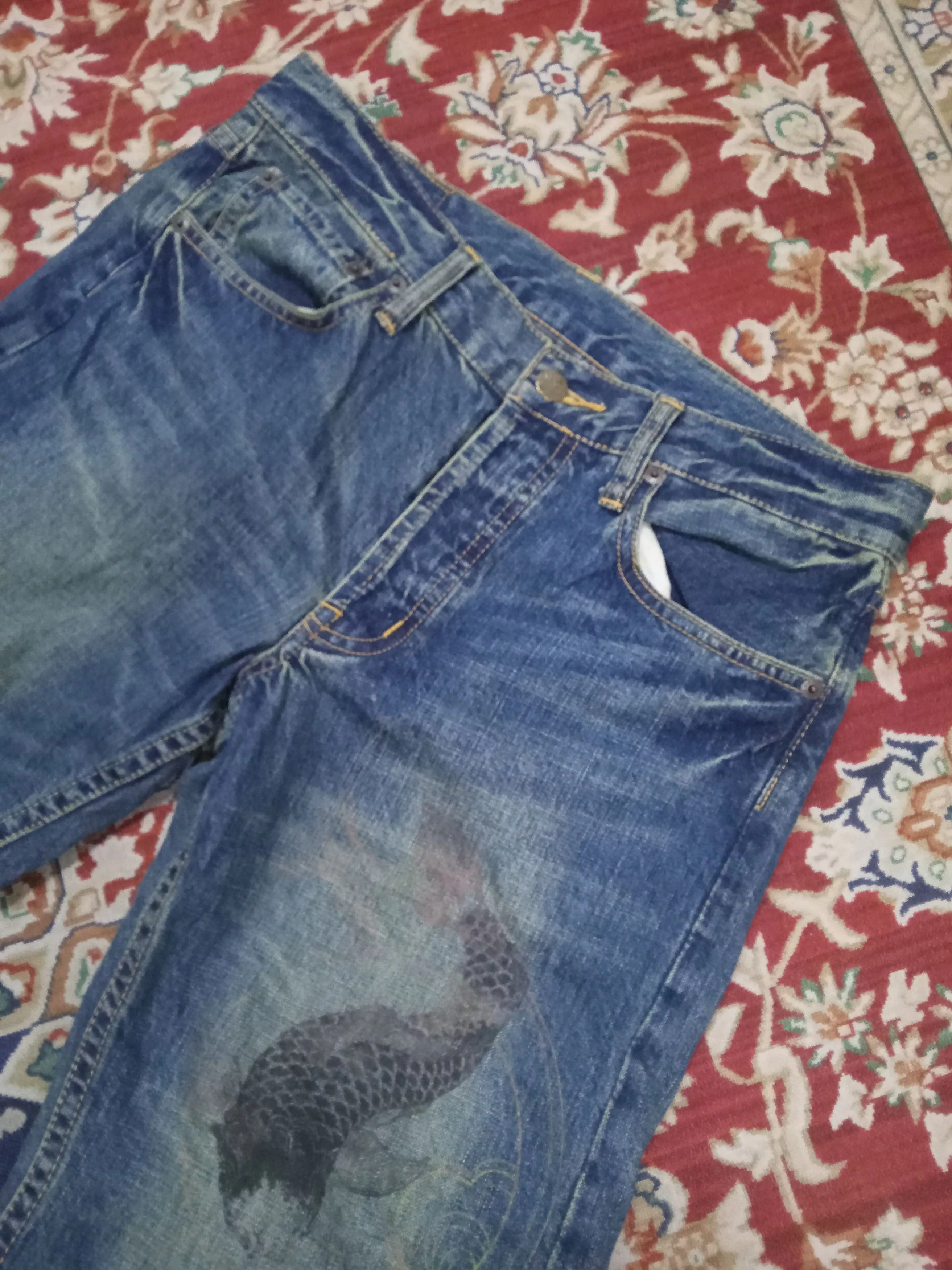 Takeo Kikuchi Denim Takeo Kikuchi Koi Fish Print Distressed Jeans Blue