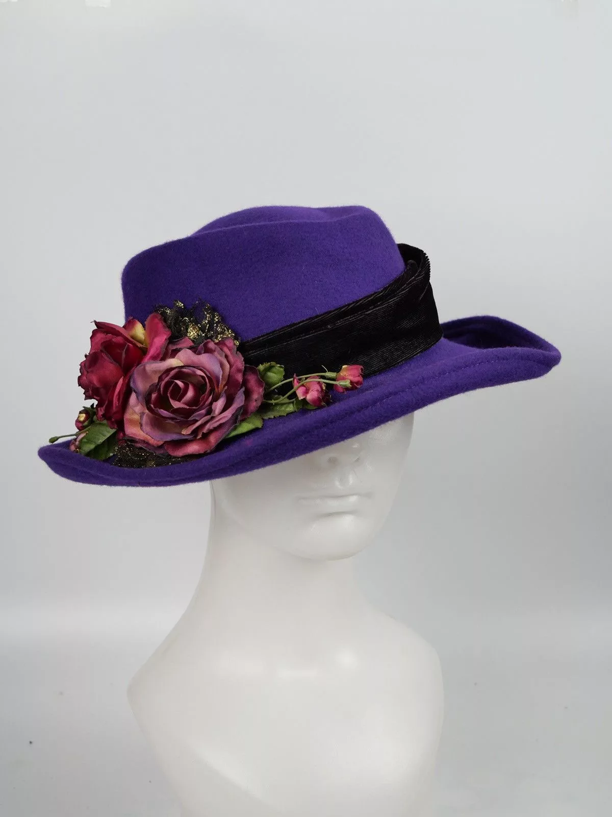 Vintage Hats Vintage Purple Felted Wool Hat With Flowers Made in USA