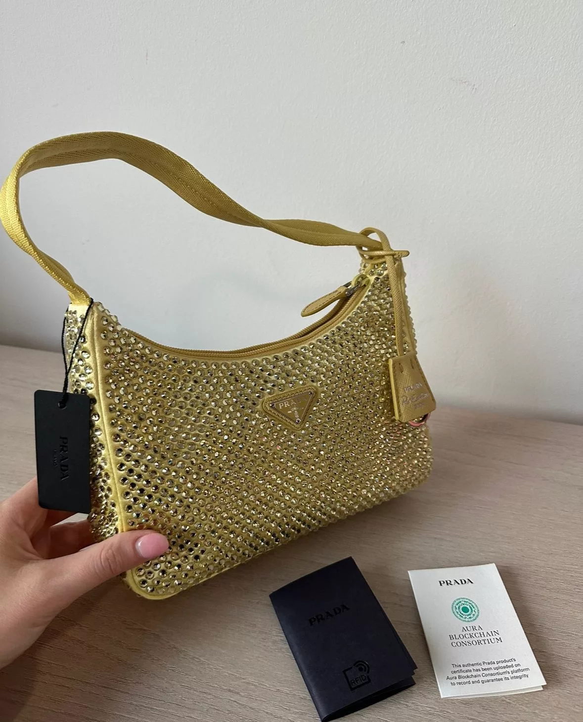 Prada Shoulder Bags Prada Re-Edition Crystal Embellished Shoulder Bag Yellow