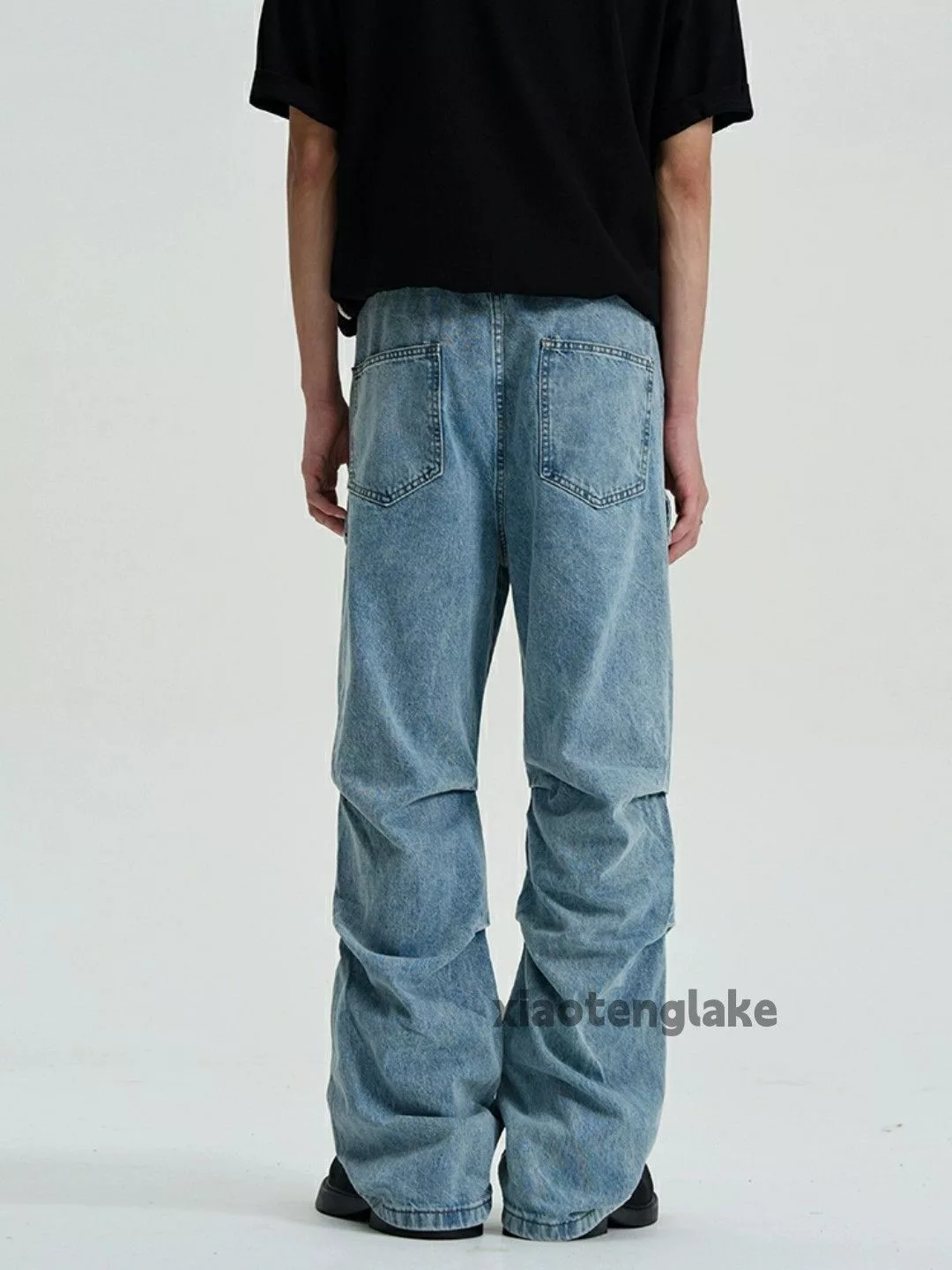 Jean Denim Jean × Vintage washed faded pleated punk grunge flared cargo jeans Blue