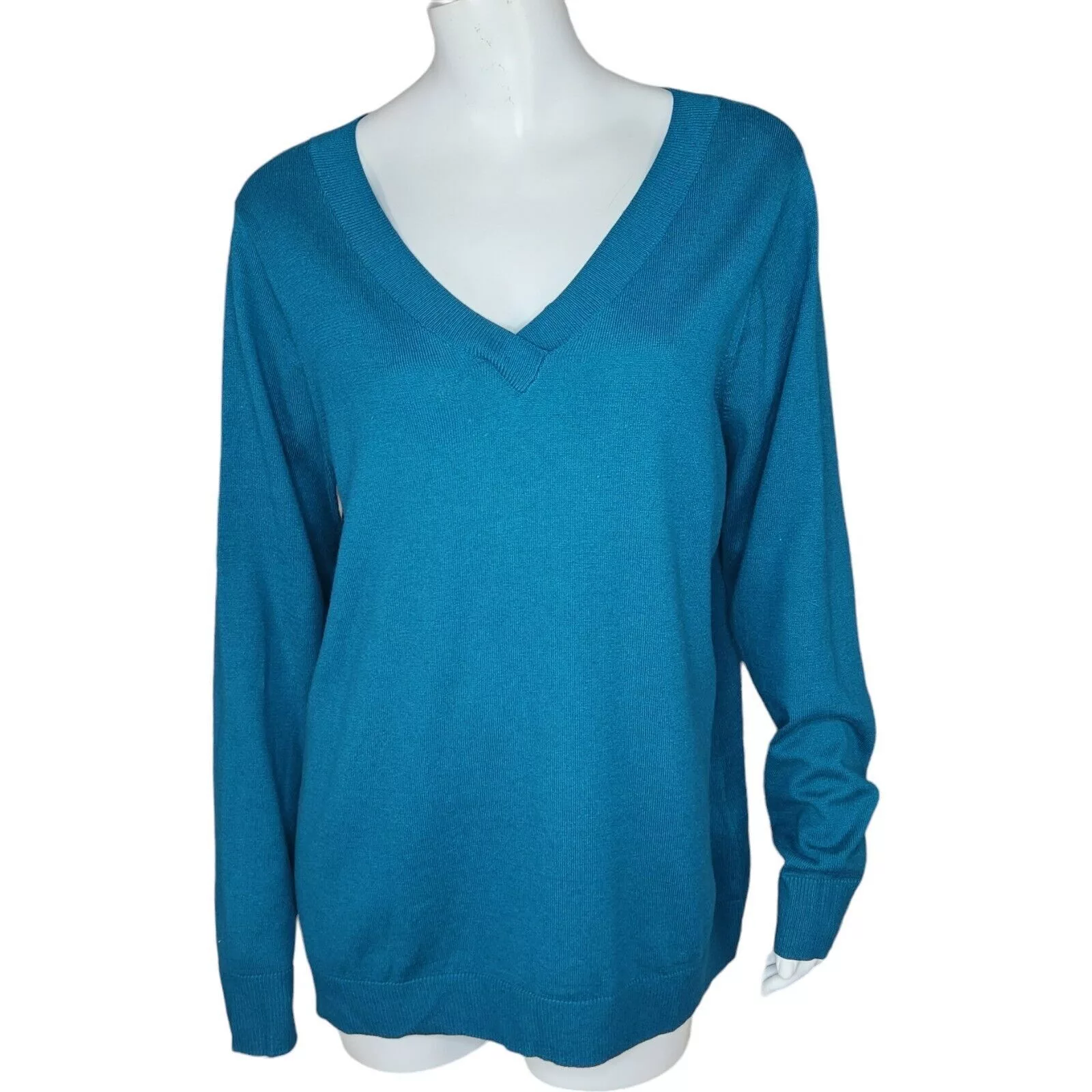 Denim & Co. Blouses Denim & Co. V-Neck Pullover Sweater Spruce BlueGreen Large
