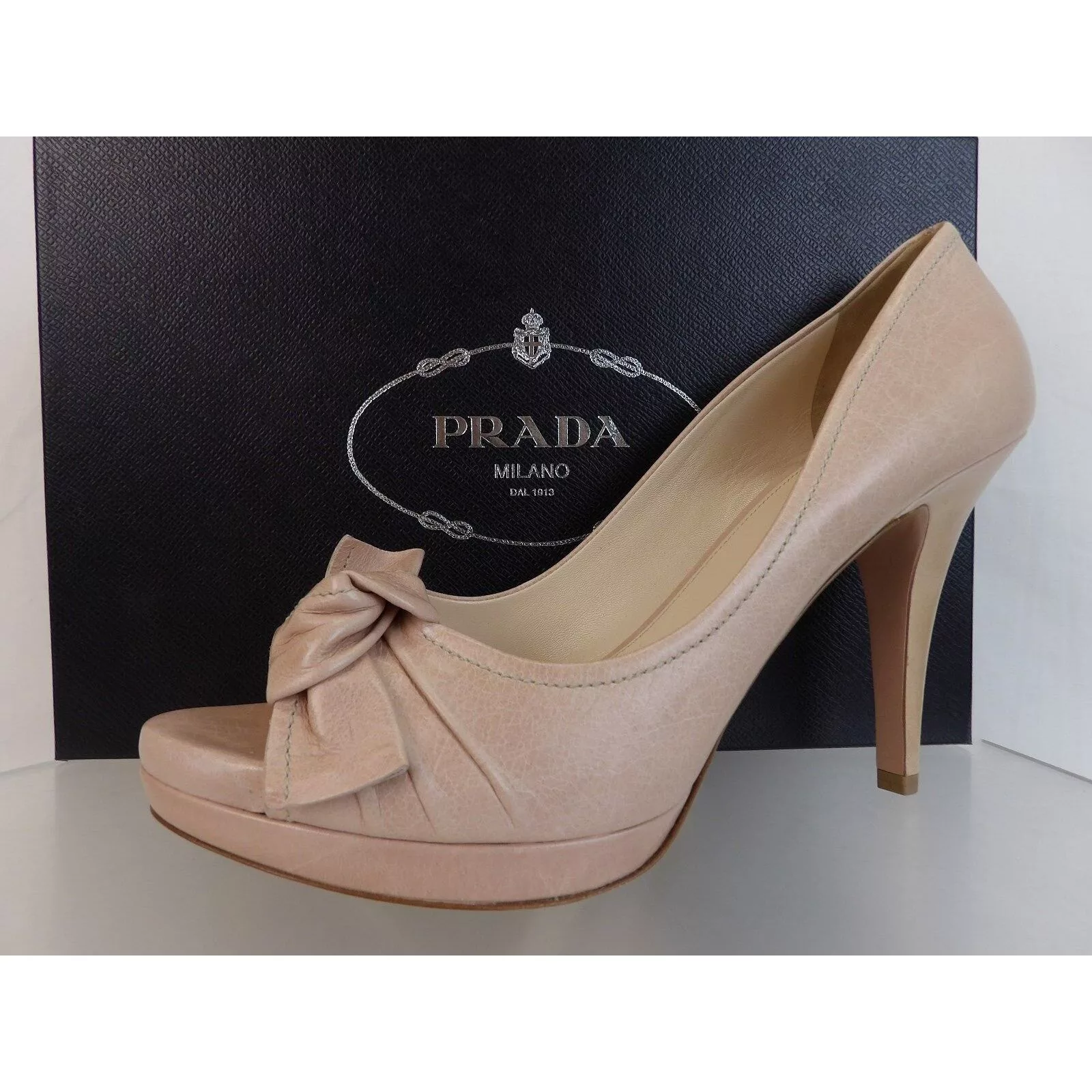 Prada Heels Prada DUSTY PINK DISTRESSED LEATHER BOW PLATFORM PEEP TOE PUMPS 40 Beige