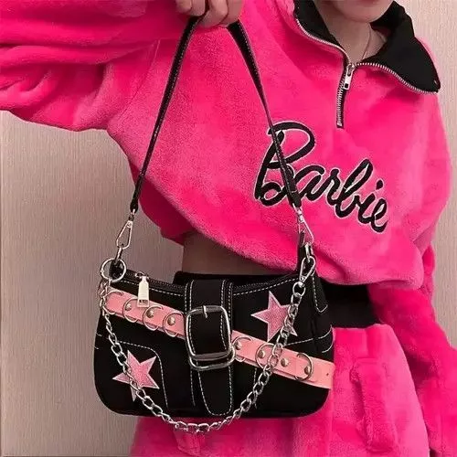 Other Tote Bags Other Harajuku Pink Star Metal Chain Women Totebag Black Streetwear