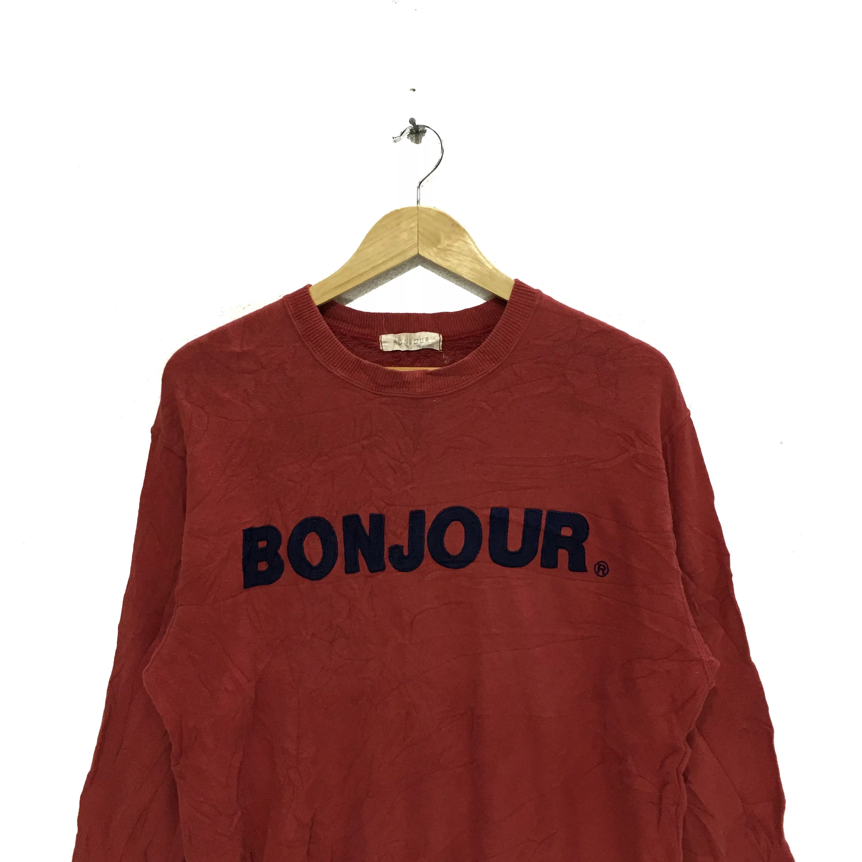 Vintage Sweatshirts Vintage Vtg BONJOUR Sweatshirt Big Logo Spell Out Crewneck Sweater Red