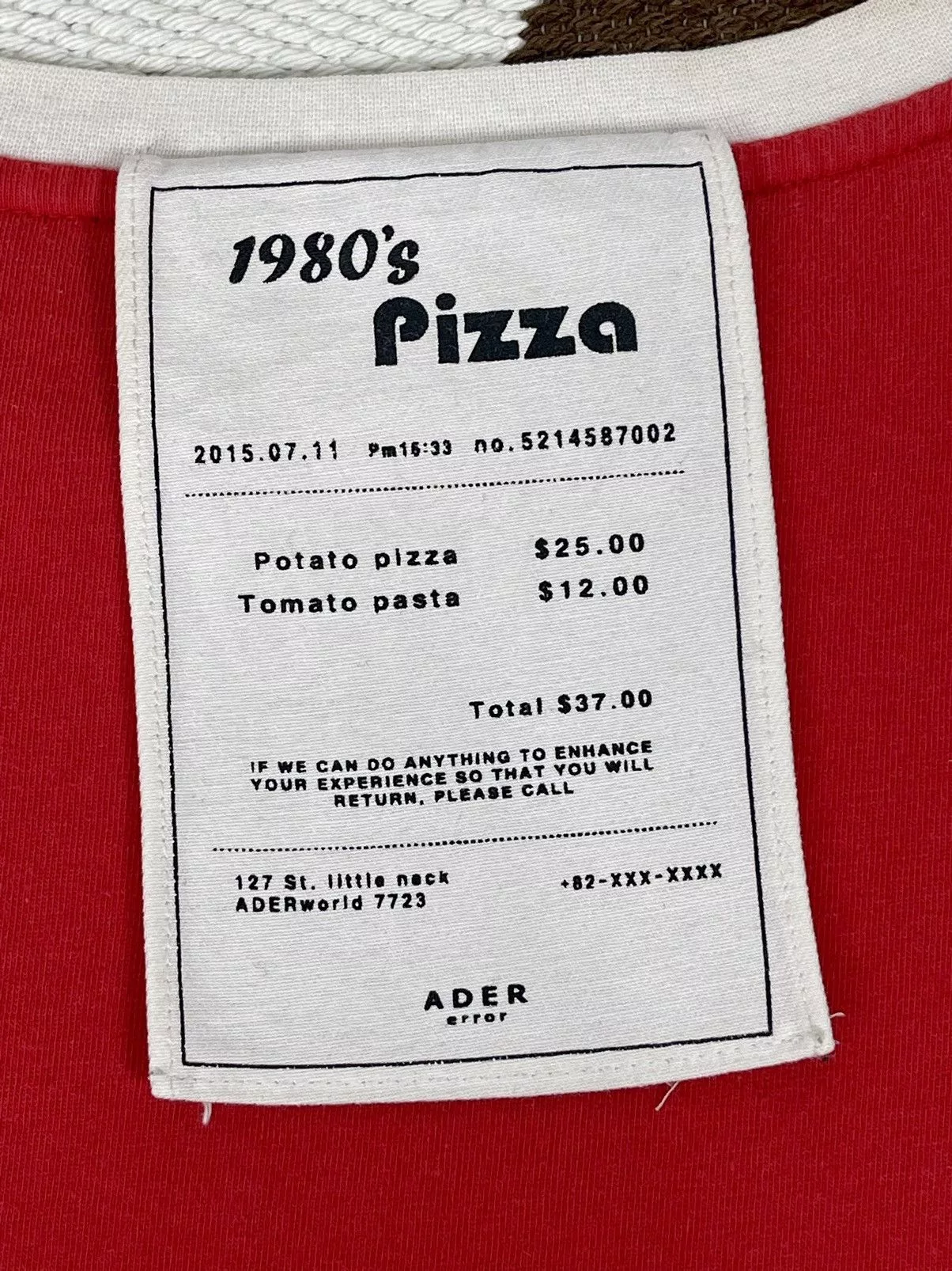 Ader Error Long Sleeve T Shirts ADER ERROR 1980s Vintage Pizza Receipt Long Sleeve Red