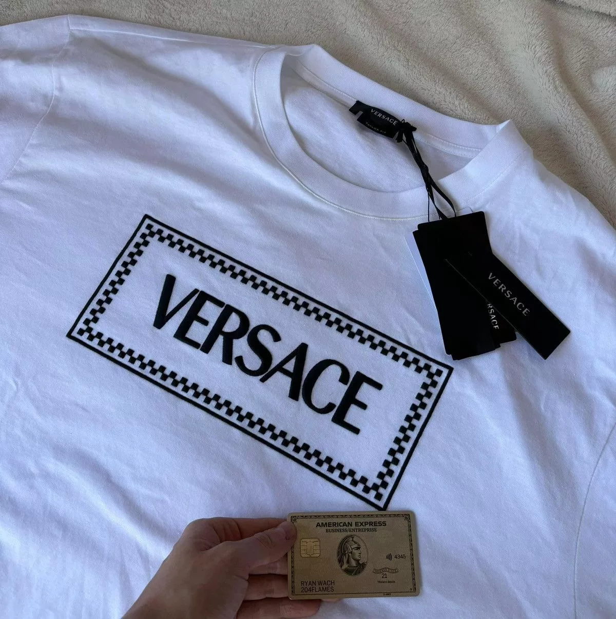 Versace Short Sleeve T Shirts Versace White/Black Box Logo Tee Shirt