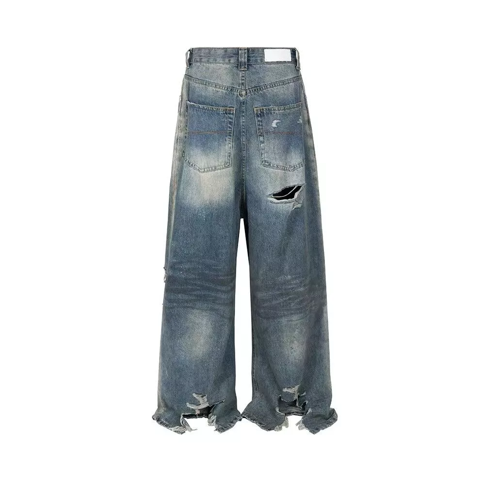 Jean Denim Jean Frayed Distressed Hole Baggy Denim Blue